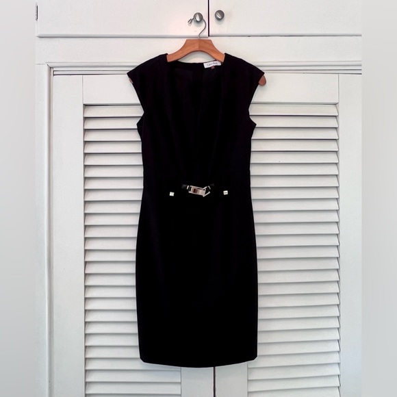 Calvin Klein sheath dress with gold accents and shallow V-neck front. - Picture 1 of 7